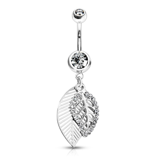 CZ Crystal Paved Leaves Dangling Belly Button Ring - 316L Stainless Steel