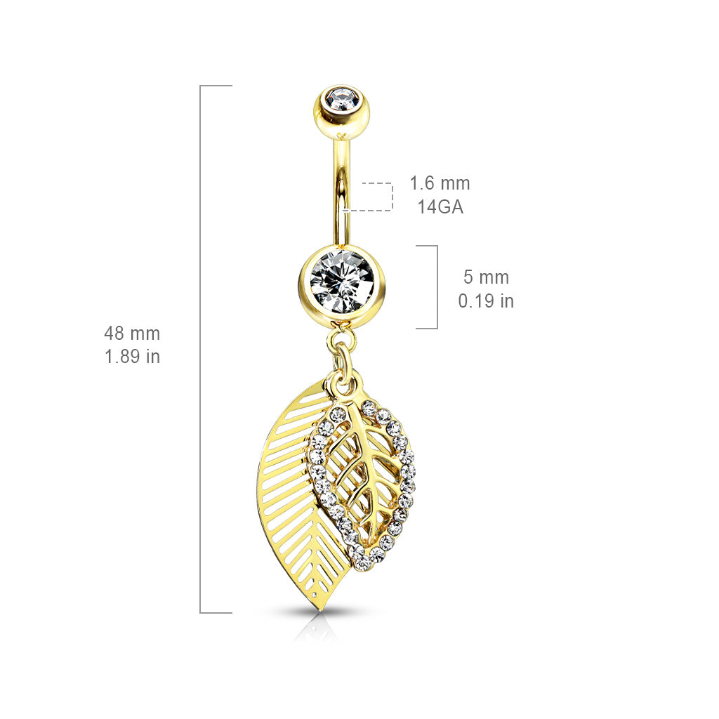 CZ Crystal Paved Leaves Dangling Belly Button Ring - 316L Stainless Steel