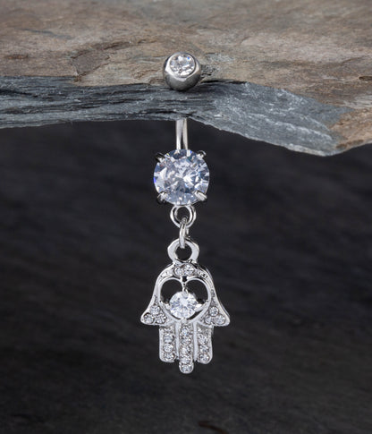 CZ Crystal Hamsa Hand Dangling Belly Button Ring - 316L Stainless Steel