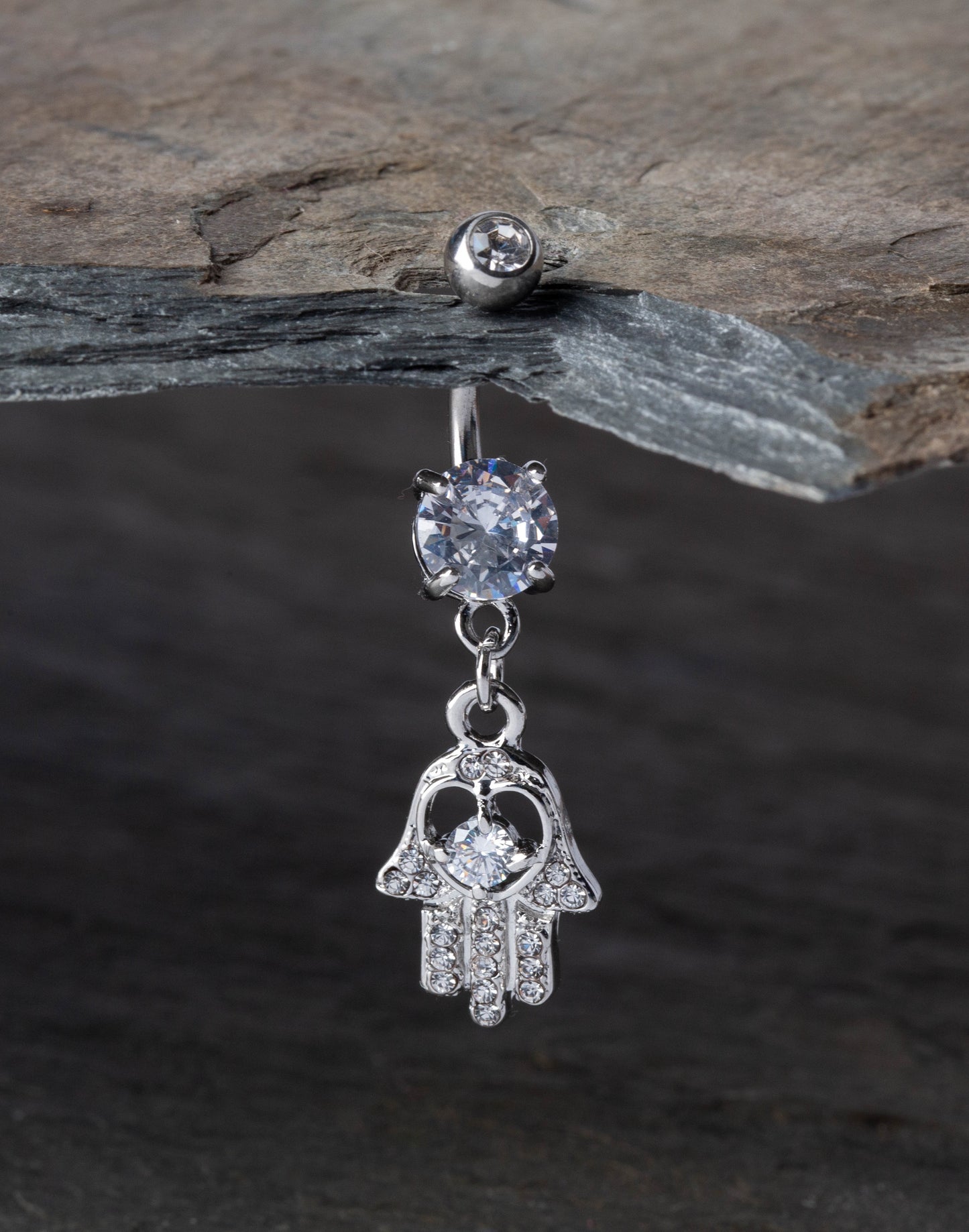 CZ Crystal Hamsa Hand Dangling Belly Button Ring - 316L Stainless Steel