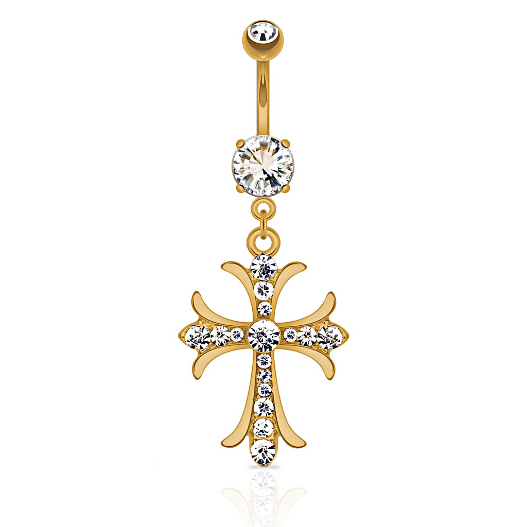 Celtic Cross with Paved Gems Dangling Belly Button Ring - 316L
