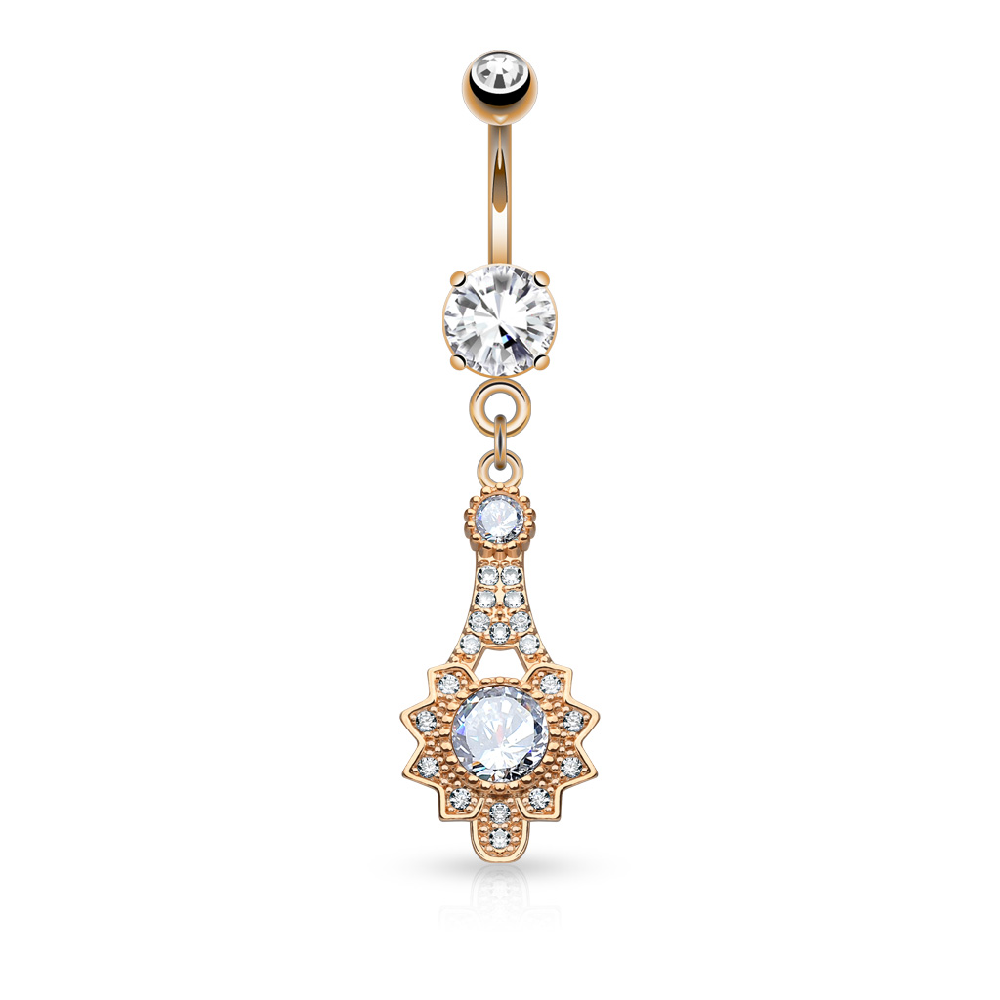 CZ Crystal Tribal Sun Dangling Belly Button Ring - 316L Stainless Steel