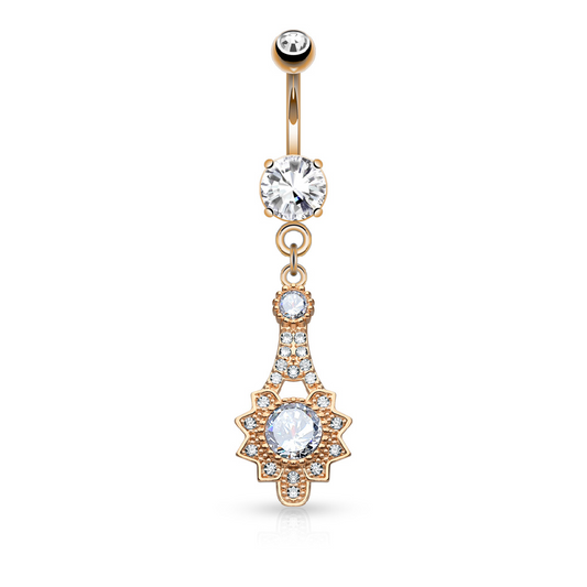 CZ Crystal Tribal Sun Dangling Belly Button Ring - 316L Stainless Steel