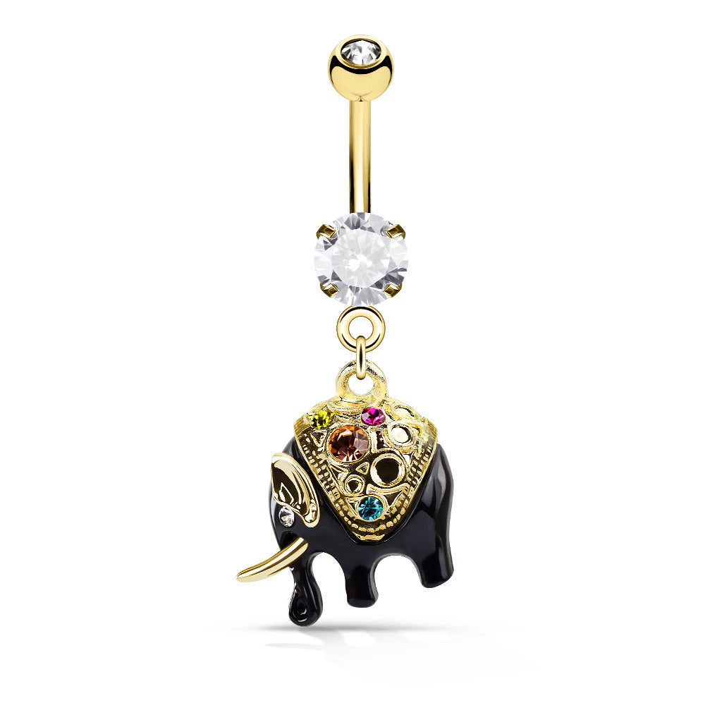 Multicolor Crystal Black Elephant 14kt Gold Plated Dangling Belly Button Ring - 316L Stainless Steel