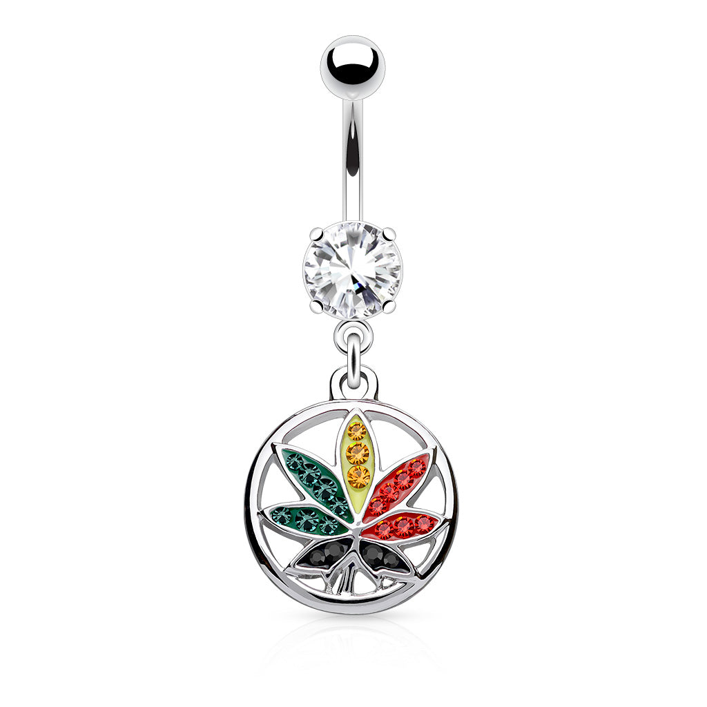 Multicolor CZ Crystal Paved Rasta Pot Leaf Dangling Belly Button Ring - 316L Stainless Steel