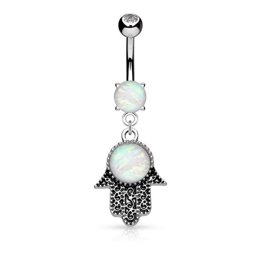 Opal Glitter Set Hamsa Hand Dangling Belly Button Ring - 316L Stainless Steel