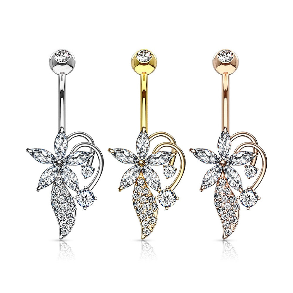 Five Marquise CZ Flower Cluster Stem Bouquet Belly Button Ring
 - 316L Stainless Steel