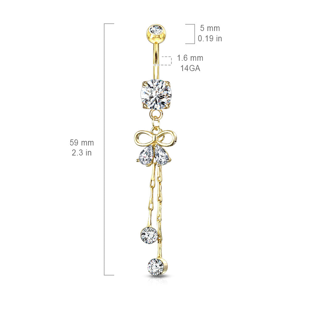 Crystal Bow Ribbon Dangling Chain Belly Button Ring - Stainless Steel