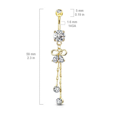 Crystal Bow Ribbon Dangling Chain Belly Button Ring - Stainless Steel