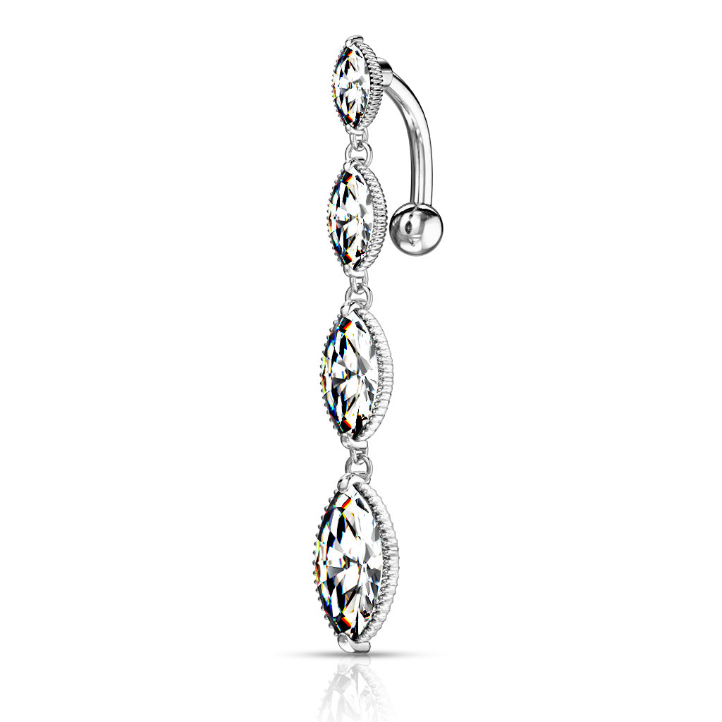 Four Marquise Crystal Vertical Drop Dangling Belly Button Ring - 316L Stainless Steel