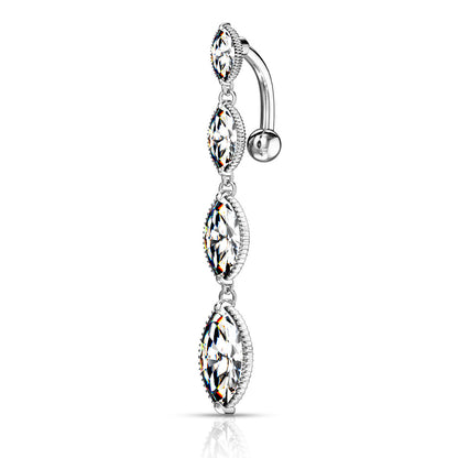 Four Marquise Crystal Vertical Drop Dangling Belly Button Ring - 316L Stainless Steel