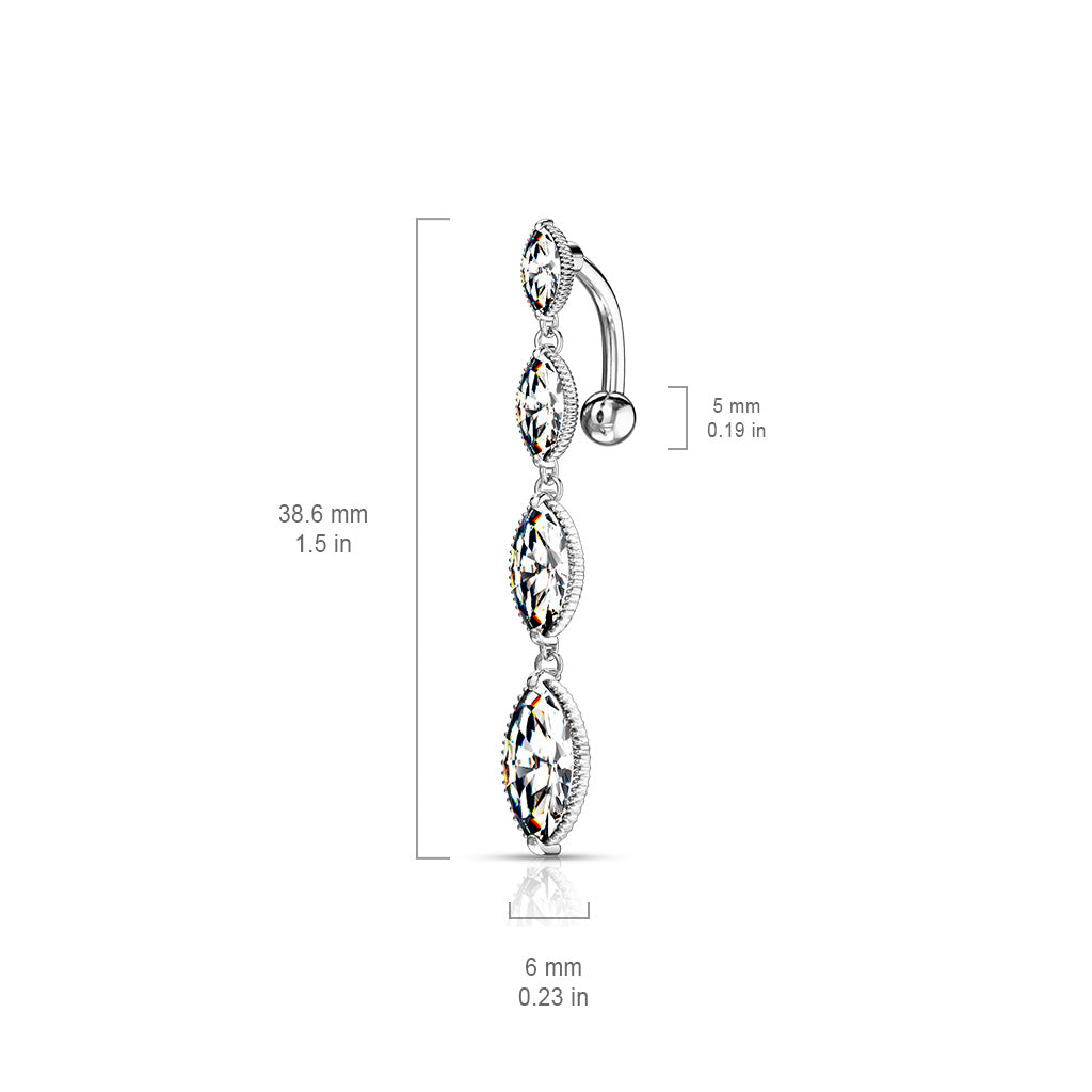 Four Marquise Crystal Vertical Drop Dangling Belly Button Ring - 316L Stainless Steel