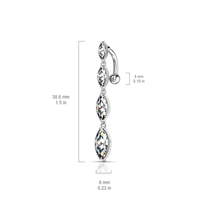 Four Marquise Crystal Vertical Drop Dangling Belly Button Ring - 316L Stainless Steel