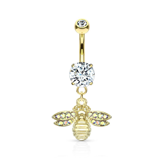 Bumble Bee with AB Crystal Paved Wings Double Jeweled Dangling Belly Button Ring - 316L Stainless Steel