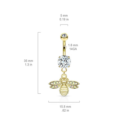 Bumble Bee with AB Crystal Paved Wings Double Jeweled Dangling Belly Button Ring - 316L Stainless Steel