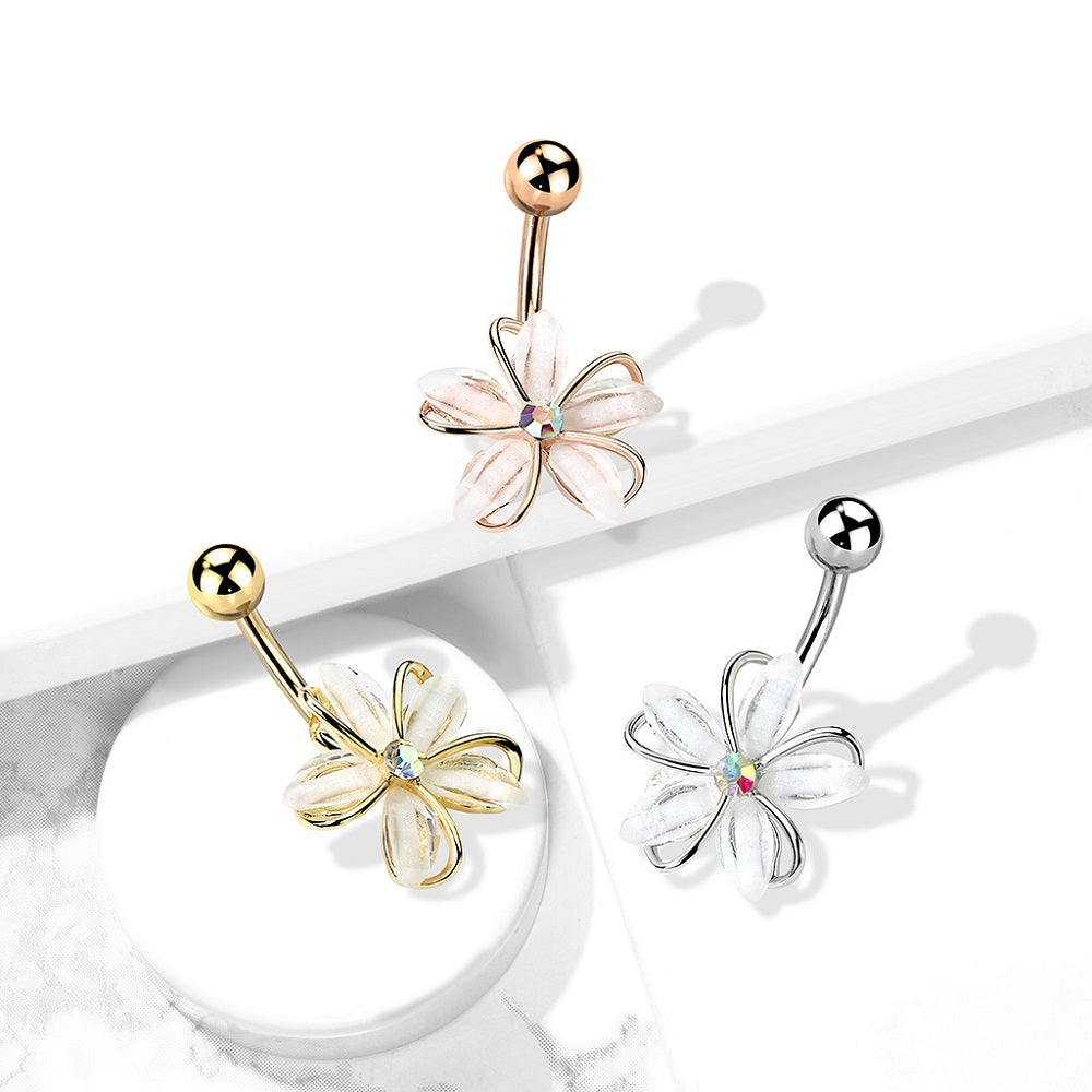 CZ Crystal Centered Wire Set White Flower Belly Button Ring
 - 316L Stainless Steel