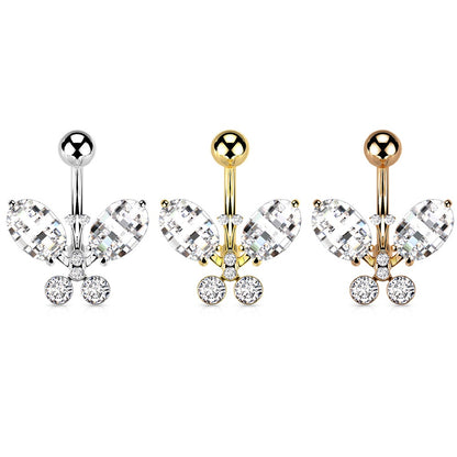 Clear Faceted Elegant Crystal Butterfly Belly Button Ring - 316L Stainless Steel