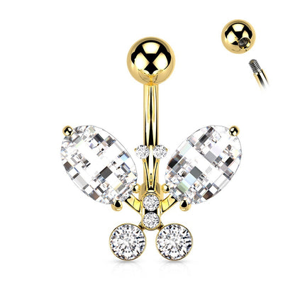 Clear Faceted Elegant Crystal Butterfly Belly Button Ring - 316L Stainless Steel