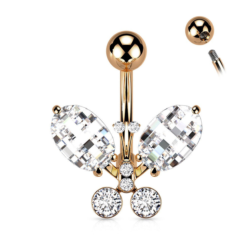 Clear Faceted Elegant Crystal Butterfly Belly Button Ring - 316L Stainless Steel