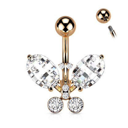 Clear Faceted Elegant Crystal Butterfly Belly Button Ring - 316L Stainless Steel