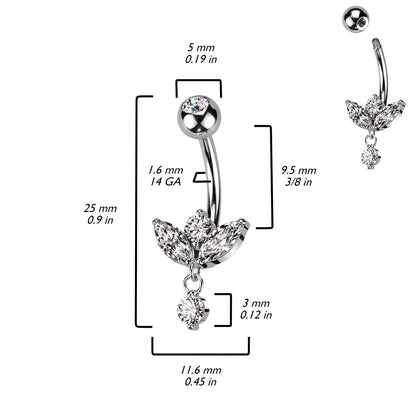 CZ Crystal Marquise with Dangling Gem Belly Button Ring - 316L Stainless Steel