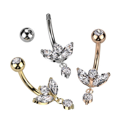 CZ Crystal Marquise with Dangling Gem Belly Button Ring - 316L Stainless Steel