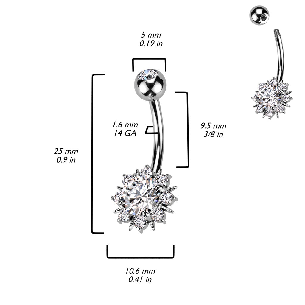 Round CZ Crystal Sunburst Belly Button Ring - 316L Stainless Steel