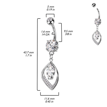 Hollow CZ Crystal Paved Leaf with Marquise Center Dangling Belly Button Ring - 316L Stainless Steel