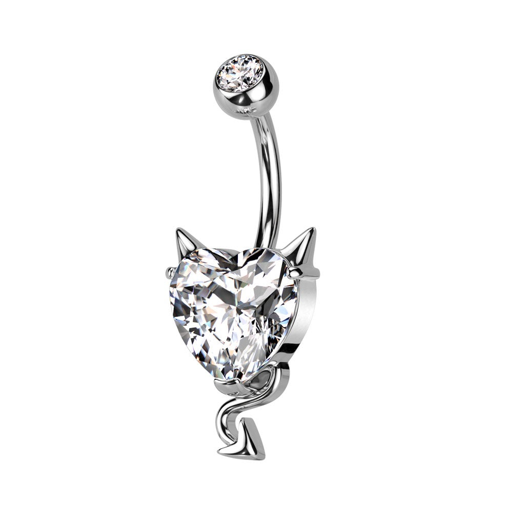 CZ Crystal Heart with Devil Horns and Tail Belly Button Ring - 316L Stainless Steel