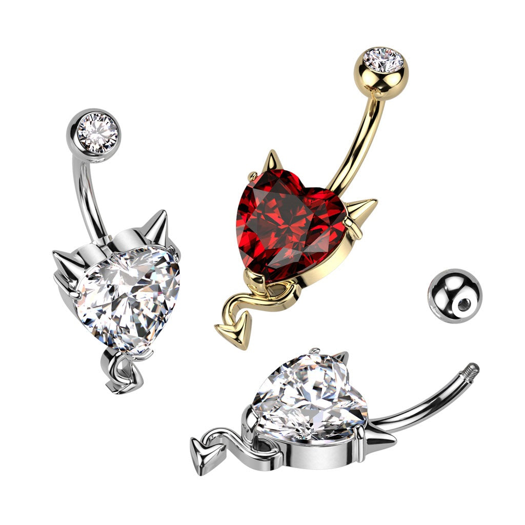 CZ Crystal Heart with Devil Horns and Tail Belly Button Ring - 316L Stainless Steel