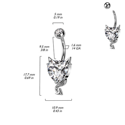 CZ Crystal Heart with Devil Horns and Tail Belly Button Ring - 316L Stainless Steel