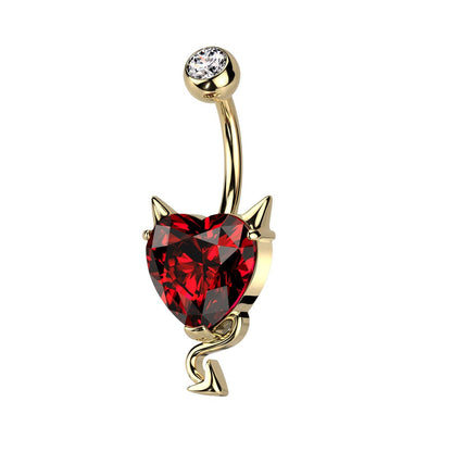 CZ Crystal Heart with Devil Horns and Tail Belly Button Ring - 316L Stainless Steel