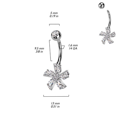 CZ Crystal Flower with CZ Pave Center Belly Button Ring - 316L Stainless Steel