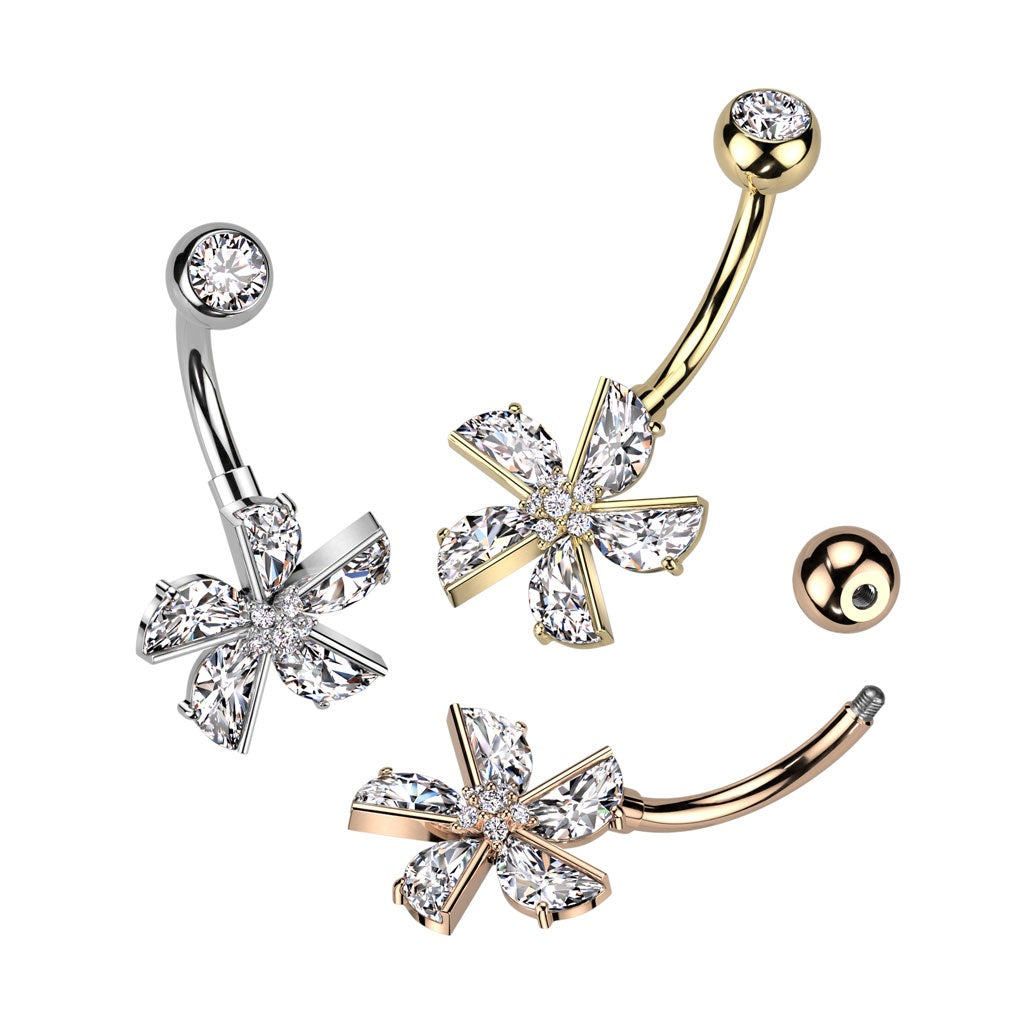 CZ Crystal Flower with CZ Pave Center Belly Button Ring - 316L Stainless Steel