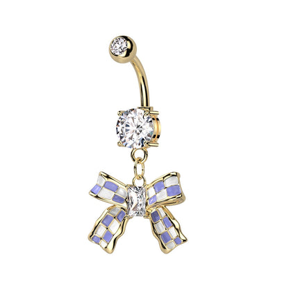 CZ Crystal Purple and White Checkered Ribbon Dangling Belly Button Ring - 14kt Gold Plated 316L Stainless Steel