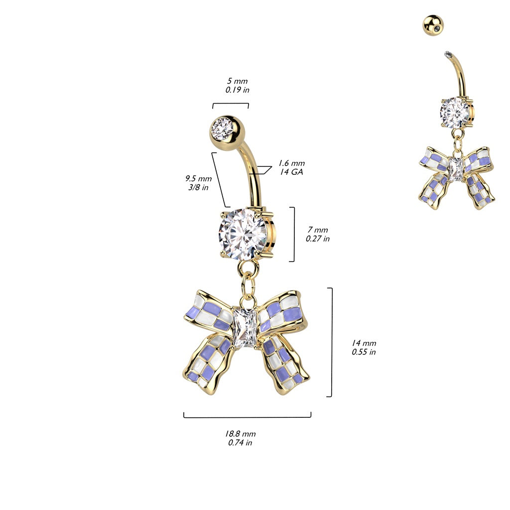 CZ Crystal Purple and White Checkered Ribbon Dangling Belly Button Ring - 14kt Gold Plated 316L Stainless Steel