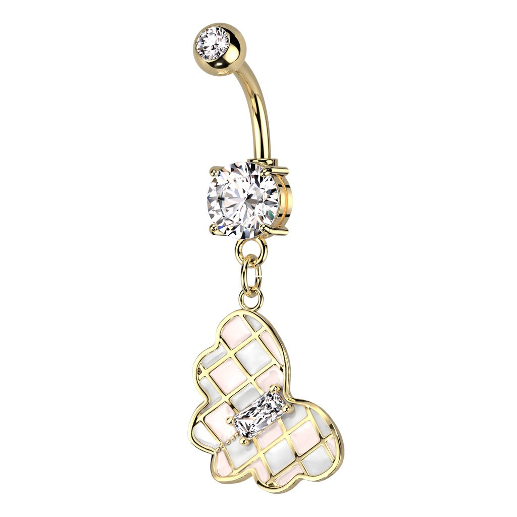 CZ Crystal Checkered Butterfly Dangling Belly Button Ring - 14kt Gold Plated 316L Stainless Steel