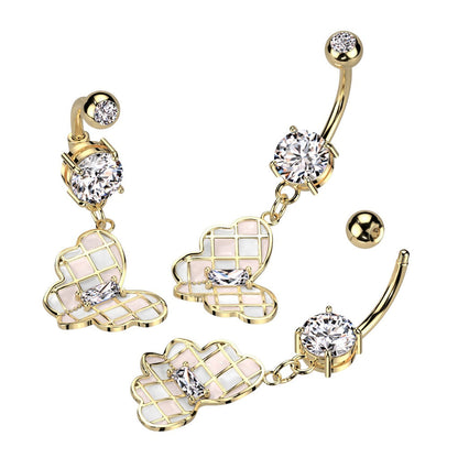 CZ Crystal Checkered Butterfly Dangling Belly Button Ring - 14kt Gold Plated 316L Stainless Steel