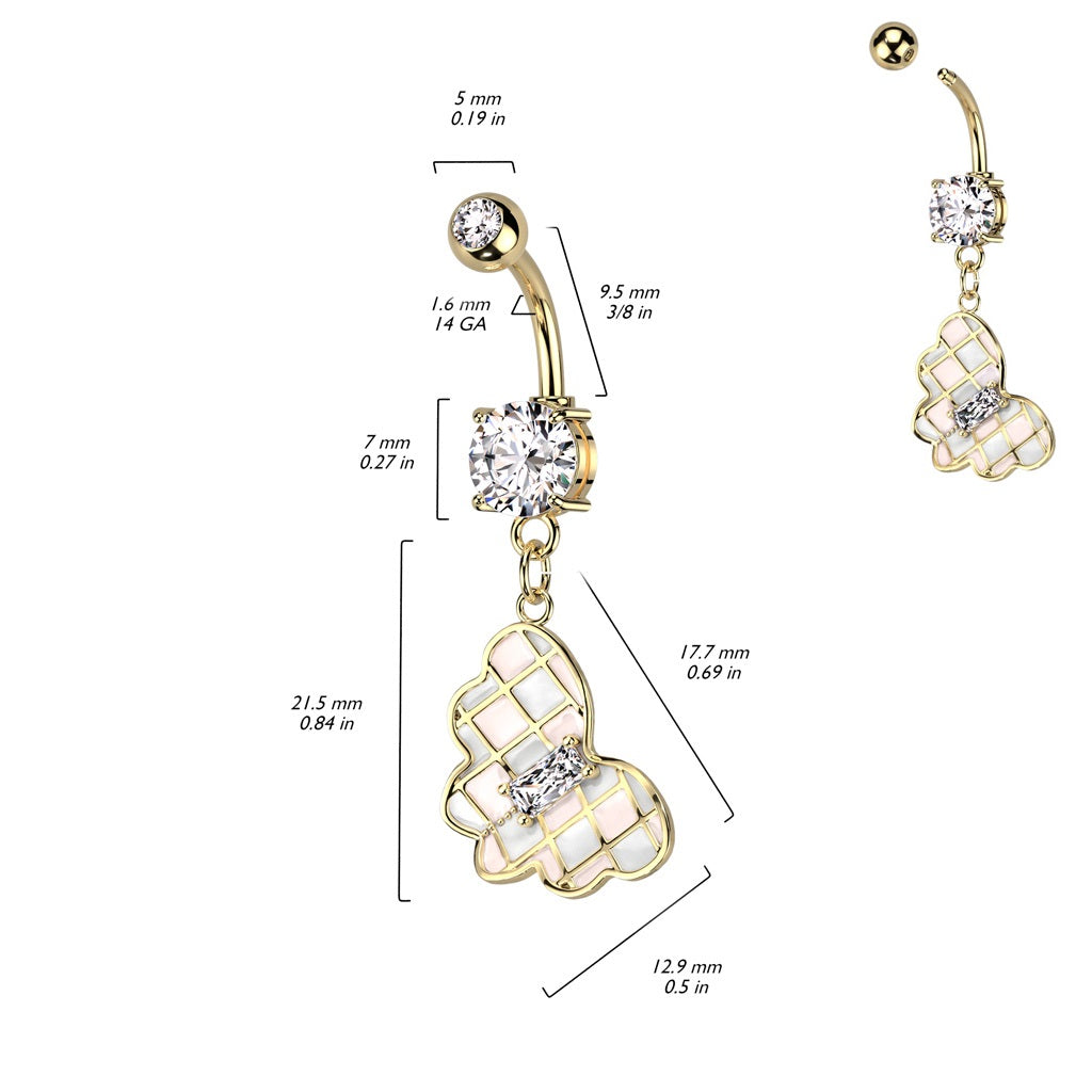 CZ Crystal Checkered Butterfly Dangling Belly Button Ring - 14kt Gold Plated 316L Stainless Steel