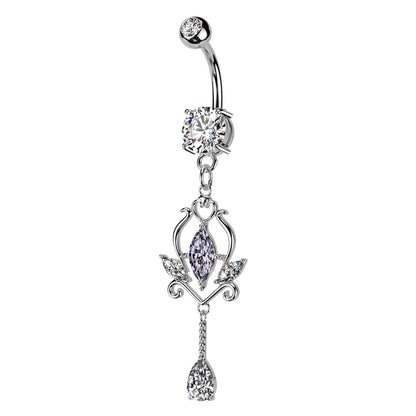 CZ Crystal Floral Marquise Dangling Belly Button Ring - 316L Stainless Steel