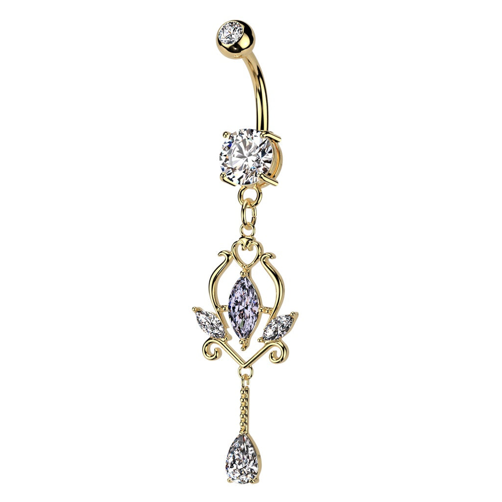 CZ Crystal Floral Marquise Dangling Belly Button Ring - 316L Stainless Steel