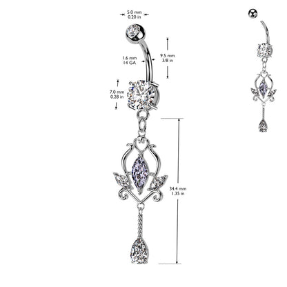 CZ Crystal Floral Marquise Dangling Belly Button Ring - 316L Stainless Steel