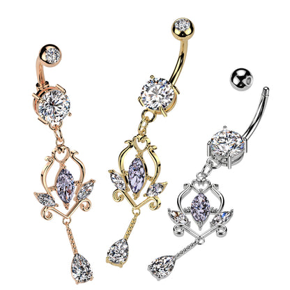 CZ Crystal Floral Marquise Dangling Belly Button Ring - 316L Stainless Steel