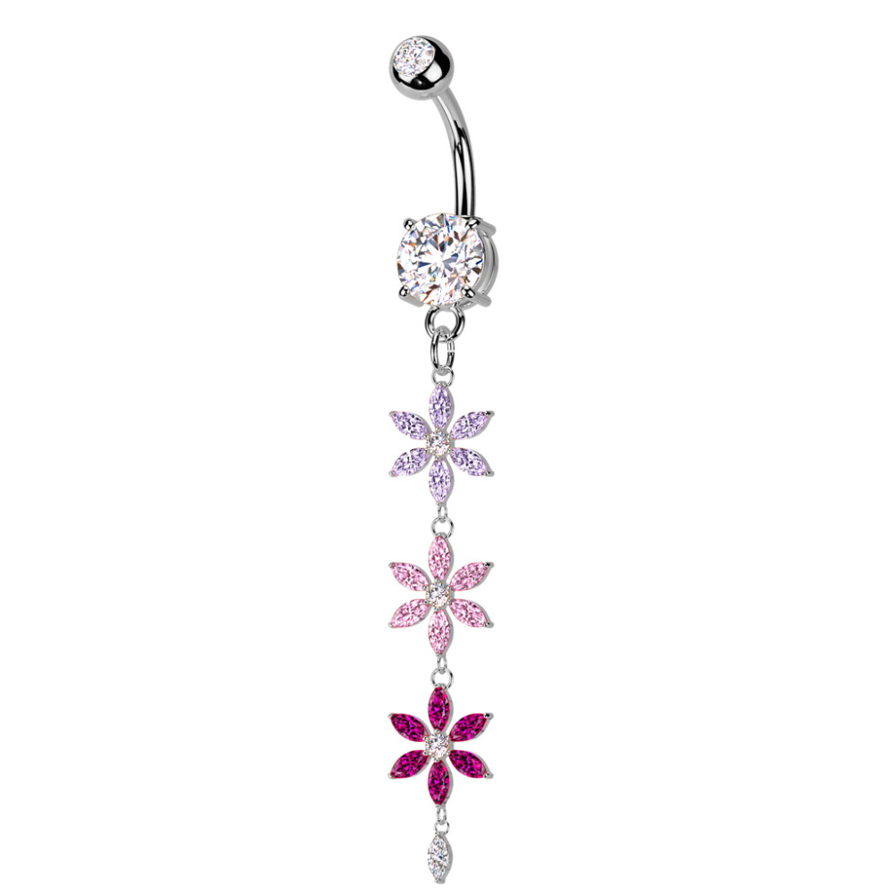 Triple Pink and Purple Flowers Dangling Belly Button Ring - 316L Stainless Steel