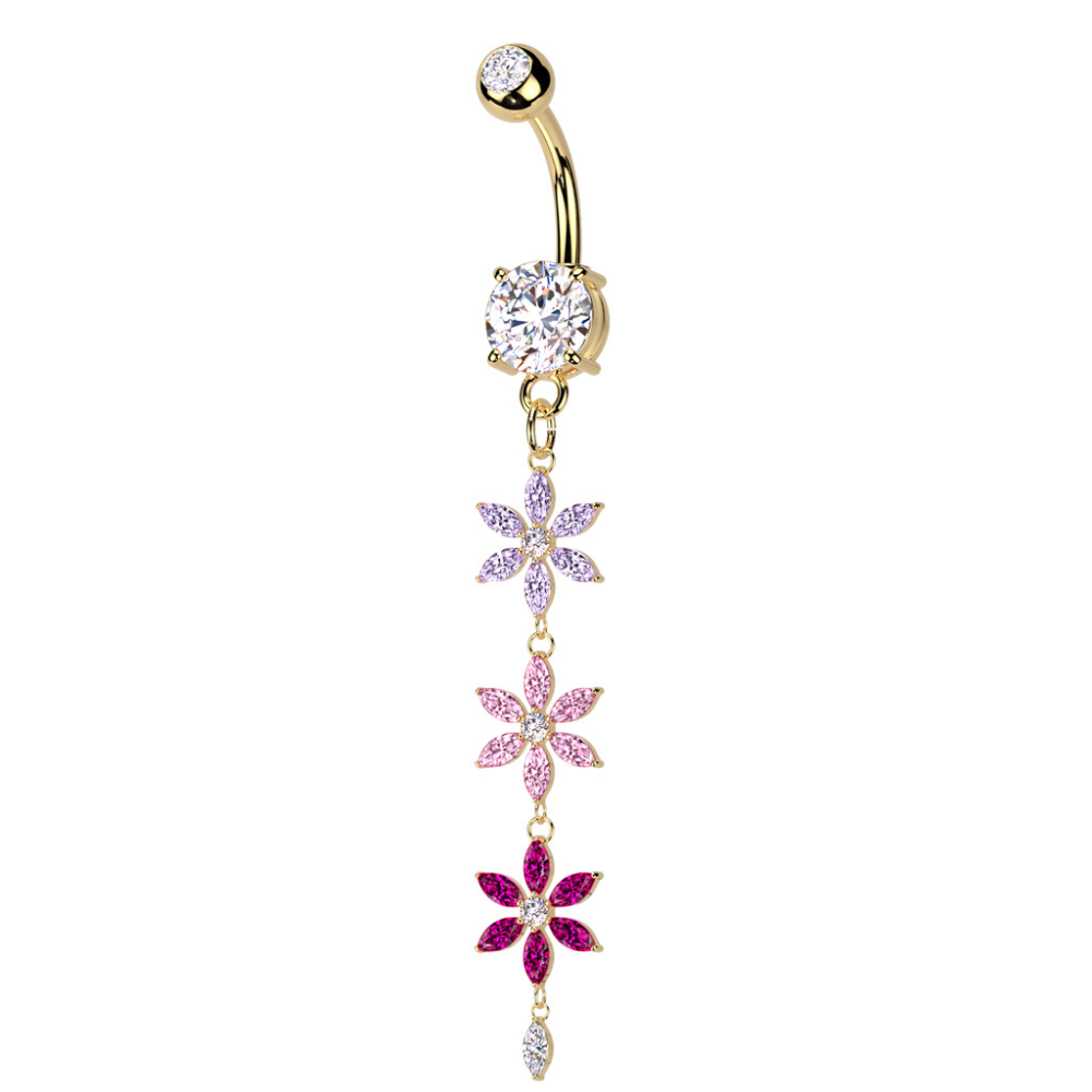 Triple Pink and Purple Flowers Dangling Belly Button Ring - 316L Stainless Steel