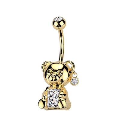 CZ Crystal Center Bear Belly Button Ring - 316L Stainless Steel