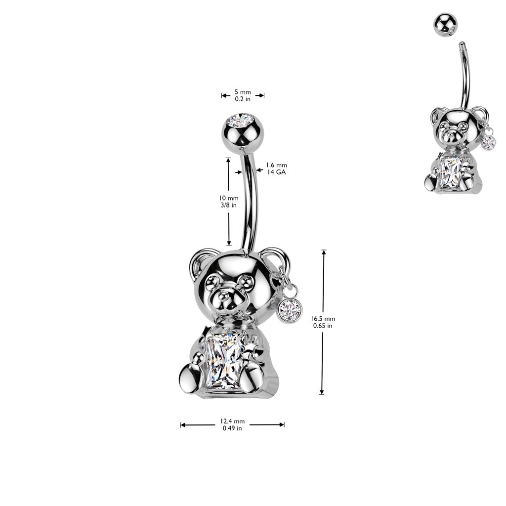 CZ Crystal Center Bear Belly Button Ring - 316L Stainless Steel