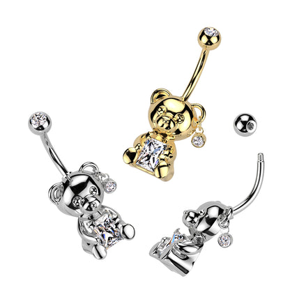 CZ Crystal Center Bear Belly Button Ring - 316L Stainless Steel