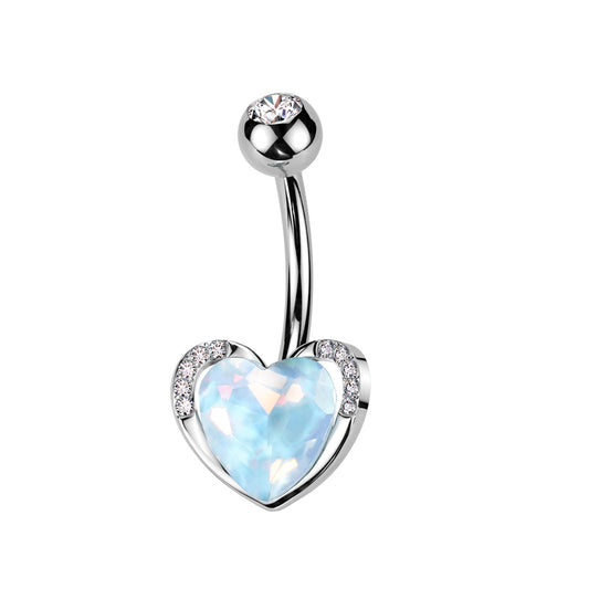 CZ Crystal Aqua Aurora Borealis Heart Belly Button Ring - 316L Stainless Steel