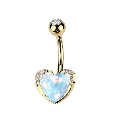 CZ Crystal Aqua Aurora Borealis Heart Belly Button Ring - 316L Stainless Steel